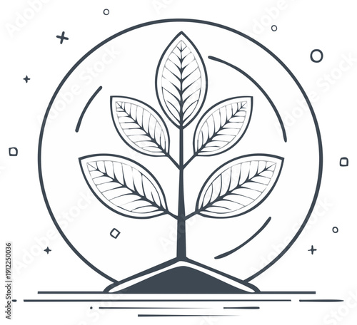 Growing plant seedling with leaves inside a circular emblem symbol of growth and new life