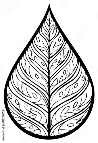Ornamental leaf or teardrop shape with intricate doodle pattern black and white line art