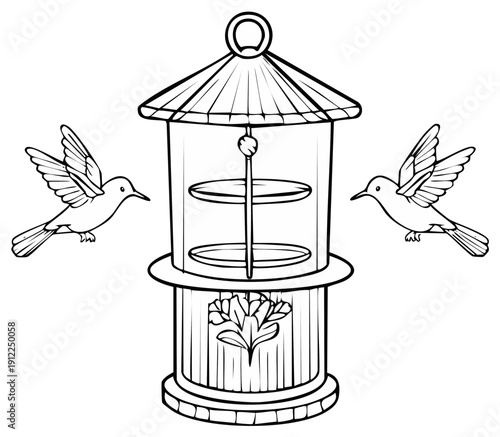 Line art illustration of two birds approaching a decorative tiered outdoor bird feeder