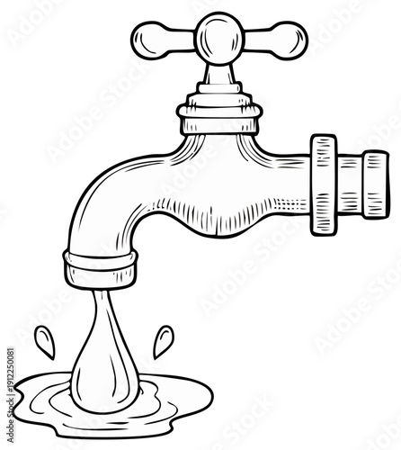 Hand drawn leaking water tap with a drop falling into a puddle black and white sketch illustration