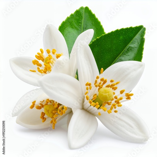 Delicate citrus blossom with vibrant stamens and lush leaves in pristine white background