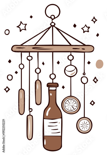 Whimsical Wind Chime Featuring a Bottle and Citrus Slices with Sparkling Accents