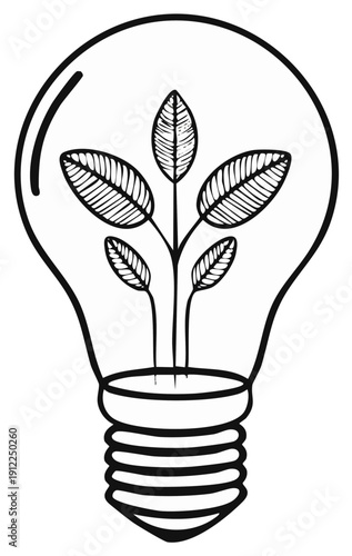 Hand Drawn Lightbulb Containing Growing Plant Symbolizing Green Energy and New Ideas