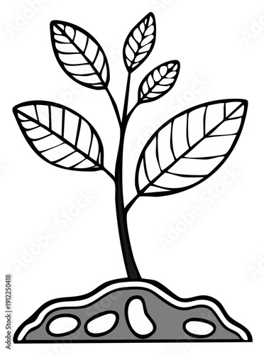 Simple line art drawing of a young plant sapling growing from soil