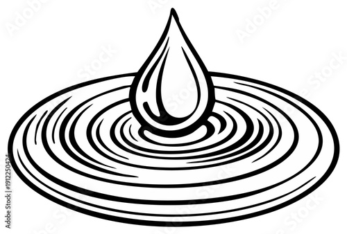 Water drop impact creating ripples in circular shape forming a simple black and white sketch illustration