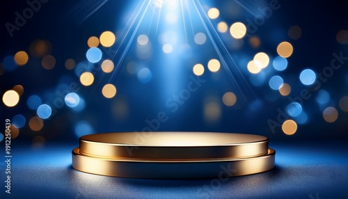 elegant gold podium illuminated by spotlights against a deep blue bokeh background