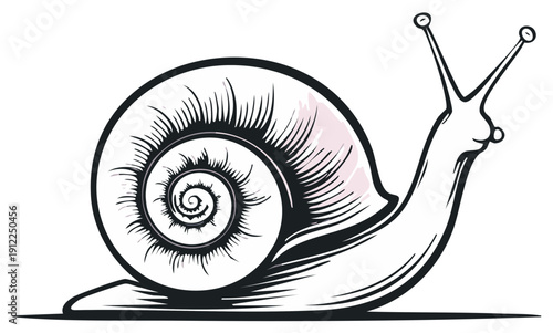 Detailed Line Art Illustration of a Snail, Shell, Tentacles, Creature, Animal, Wildlife, Nature, Moving Slowly