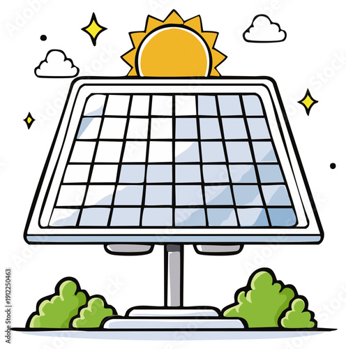 Cartoon solar panel generating clean energy from the sun with green bushes around