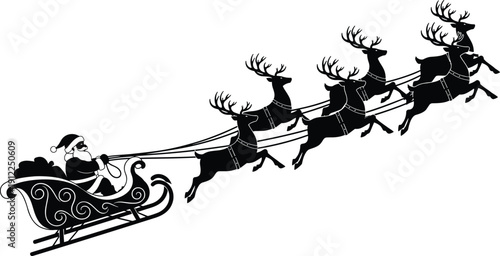 Black silhouette vector illustration of Santa Claus riding sleigh pulled by six reindeer, flying festive holiday design, Christmas folklore scene