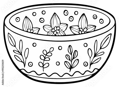 Coloring page illustration of a decorative bowl with folk art floral and leaf patterns