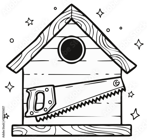 Handmade Wooden Birdhouse Illustration with Hand Saw and Stars