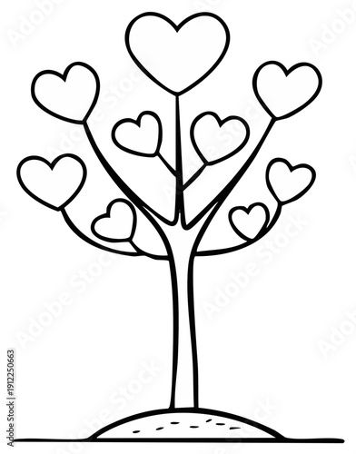 Outlined illustration of a tree bearing heart-shaped leaves, a symbol of love.