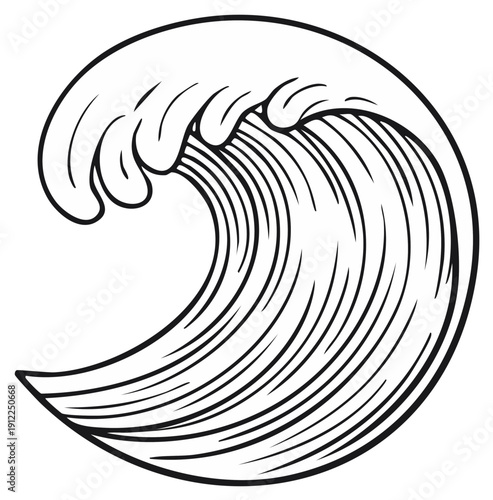 Stylized Outline of a Breaking Ocean Wave in Black and White