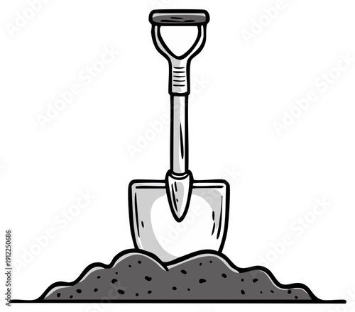 Cartoon shovel stuck in a pile of dirt, hand-drawn illustration