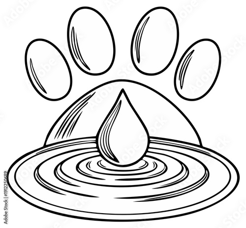 Pet care concept with a symbolic paw print and a water drop creating ripples vector line art
