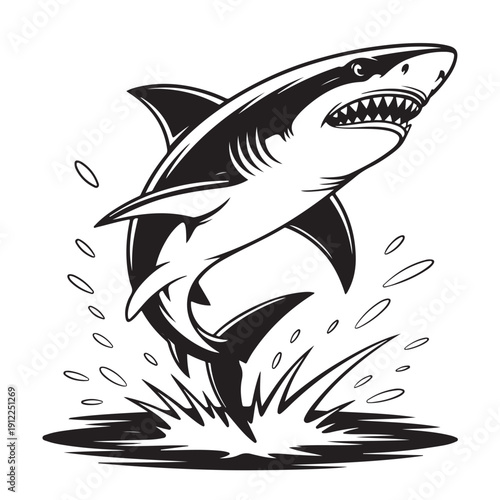 Great white shark jumping out of water vintage style vector illustration aggressive marine predator splashing waves black and white tattoo design powerful ocean fish jumping from sea surface
