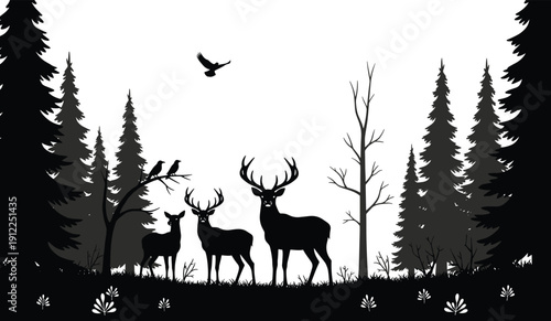 Black silhouette of deer family in forest landscape with pine trees and flying birds, wilderness nature scene, cad drawing flat vector illustration, outdoor