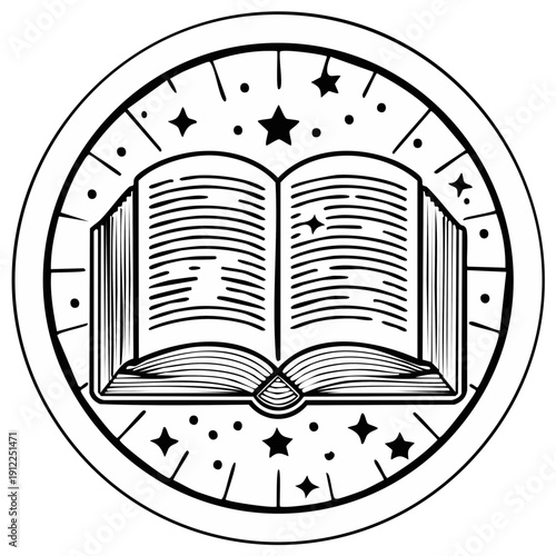 Open Book Emblem with Stars and Celestial Accents