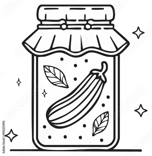 Pickled Eggplant in Glass Jar Vector Illustration Coloring Book Page