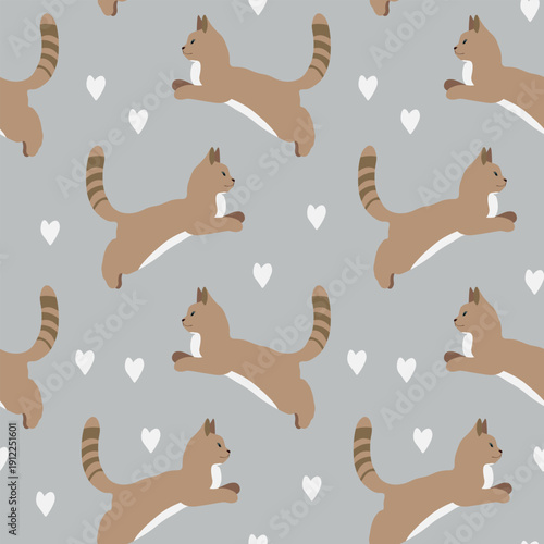 Seamless pattern with funny cute kittens. Different cats on color background. Fashion print for kids, childish texture. Vector illustration for fabric, textile, wallpaper, home clothing, pajama.
