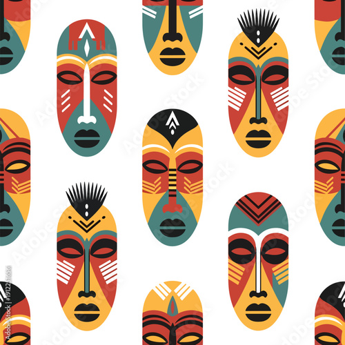 Seamless vector pattern of vibrant tribal masks reflecting rich cultural heritage and abstract design