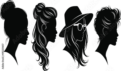 Set of beautiful woman profile silhouettes with various hairstyles, elegant female faces for salon logo design, cad drawing flat vector illustration, fashion icons