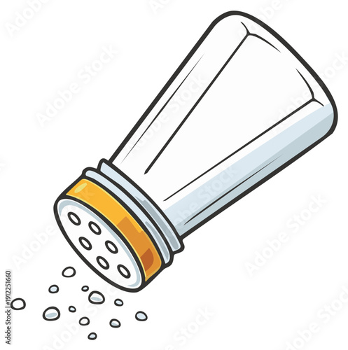 Cartoon salt shaker pouring white granules seasoning for cooking and food preparation