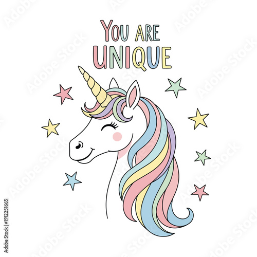 Cute Unicorn Portrait with Pastel Rainbow Mane and Inspirational 'You Are Unique' Message