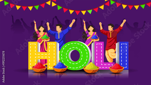 Holi festival banner with decorative typography and color elements, suitable for social media marketing, greeting cards, festival ads, website headers