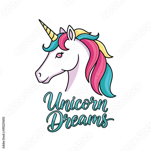 Enchanting unicorn head illustration with colorful mane and horn embodying magical dreams and fantasy