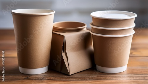 the recyclable paper cups and eco friendly takeout packaging on a wooden table