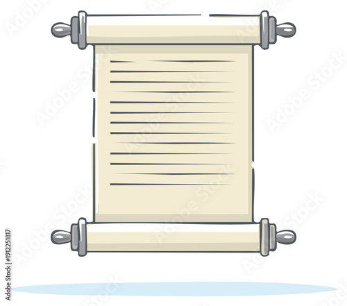 Unfurled parchment scroll with written lines for message or declaration and silver scroll rods graphic