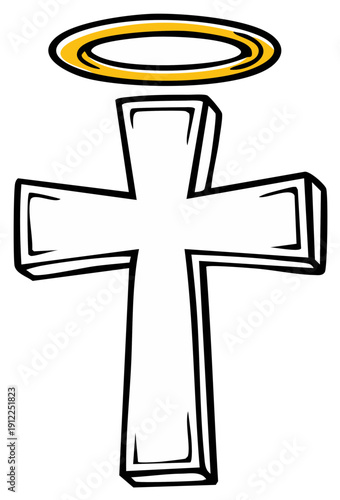 Stylized Christian cross with a glowing golden halo above, representing faith and spirituality.