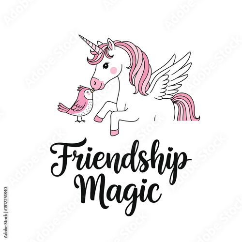 Whimsical winged unicorn and cute bird illustrate friendship magic, a lovely graphic.