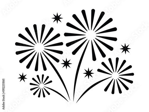 A stylized black and white illustration of dandelion flowers with stars on a clean background