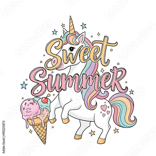 Whimsical Unicorn Character with Ice Cream and 'Sweet Summer' Text Vector Art