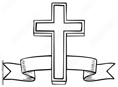 Christian Cross with a Banner Ribbon for Text and Religious Symbolism