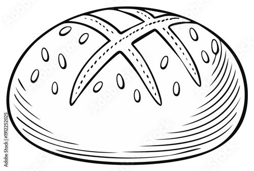 Simple black outline drawing of a rustic round bread loaf with a cross cut and seeds