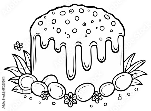 Traditional Easter Cake with Icing and Eggs Outline Coloring Page Illustration