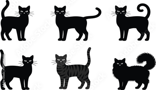 Set of black chair silhouettes including office desk chair, rocking chair, wingback armchair and dining chair, cad drawing flat vector illustration, furniture icons