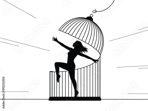 A woman in silhouette emerges from an open birdcage, symbolizing freedom and empowerment.
