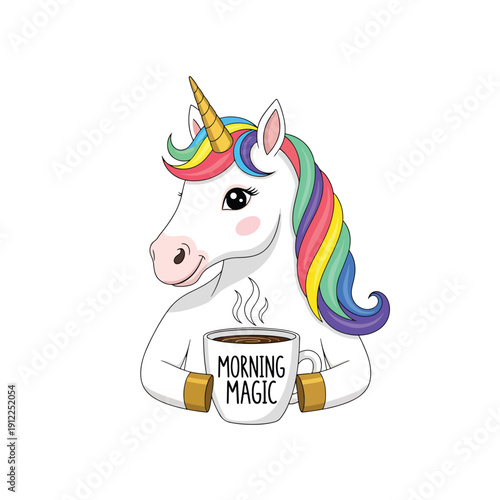 Charming Cartoon Unicorn Enjoying Morning Coffee with 'Morning Magic' Mug, Whimsical Illustration