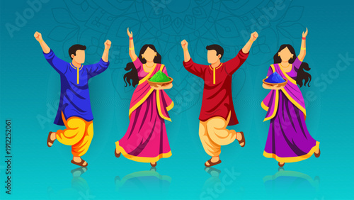 Holi celebration with dancing characters and color powder bowls, suitable for festival marketing, social media banners, greeting cards