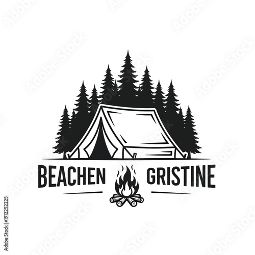 Classic outdoor camping adventure emblem with forest trees, tent, and burning campfire illustration.