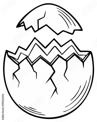 Simple black and white line art illustration of a cracked open egg symbolizing new life and beginnings