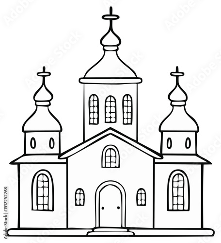 Traditional religious building with multiple domes and arched windows in a simplified outline style