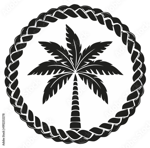Stylized Palm Tree Silhouette Enclosed in Braided Rope Circle Vector Graphic
