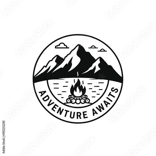 Outdoor Adventure Emblem with Mountains and Campfire by Lake, Vector Illustration for Exploration