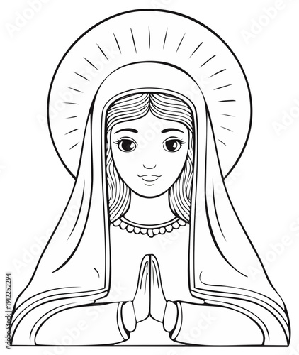 Religious illustration of a woman with a halo and folded hands