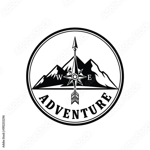 Adventure Emblem with Mountains and Compass for Outdoor Exploration Journey Vector Illustration